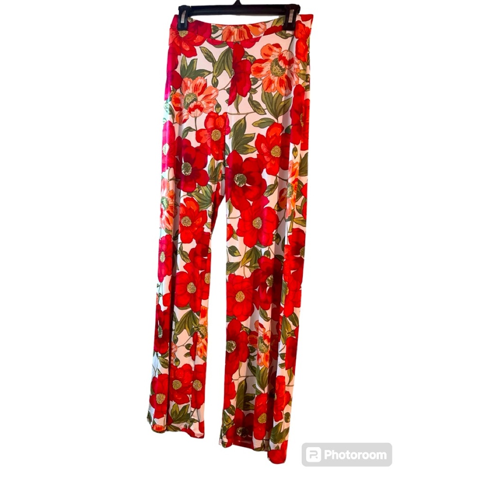 Red floral print pants.